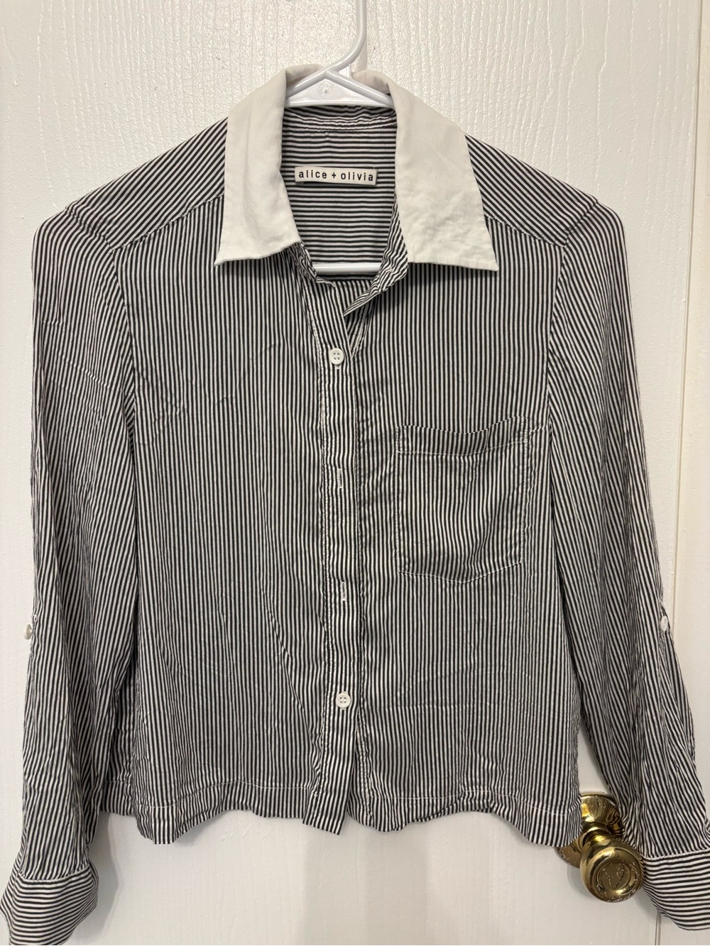 Alice + Olivia Black and White Pinstripe Shirt with Contrast Collar